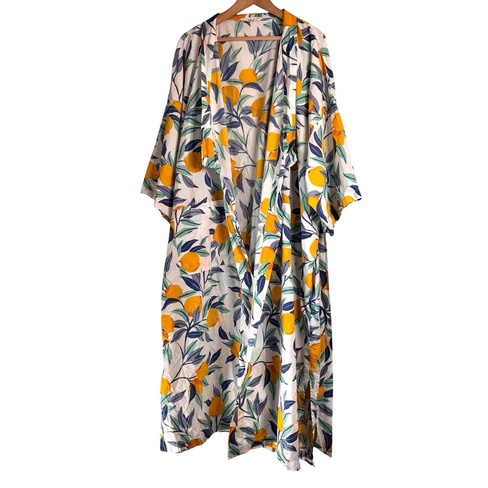 Bata de algodón orgánico Printfresh con ralladura de limón talla 2X bolsillos completos kimono Foto 3 de 4