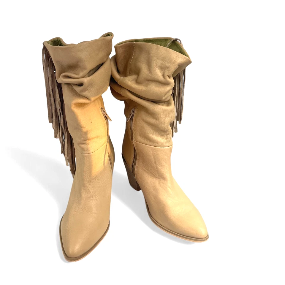 Botas de vaquero de cuero tostado con flecos para mujer talla 9 botas holgadas de media pantorrilla vaquera occidental Foto 3 de 4