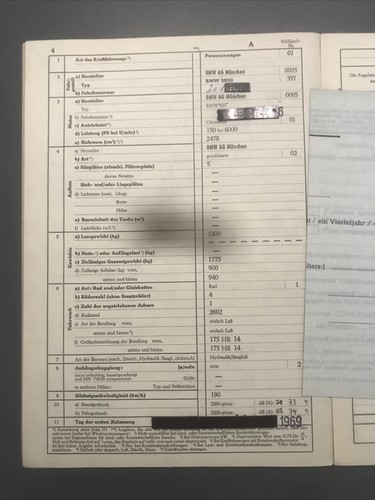 BMW 2500 1969 Motor 2478 ccm 150 PS TSN 357 Dokumente Abmeldung 03/76 Papiere E3