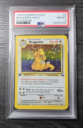 1999 Pokémon Fossil Dragonite Holo 1st Edition PSA 8