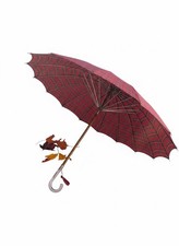 Vintage Red Tartan Plaid Umbrella Lucite Handle, Wood Shaft, Mid-Century Retro