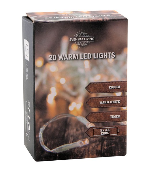 Led Lichterkette 20 Led Warmweiß Timer - 200 Cm - Batterie Betrieben Transparent-image