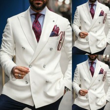 White Men Suits Double Breasted Blazer Jackets Wedding Grooms Peak Lapel Coats