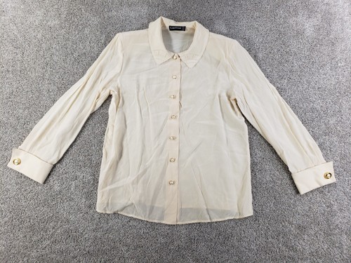 Louis Feraud Womens Sulm Blouse Pearl Beaded Button 10 Cream White Sheer