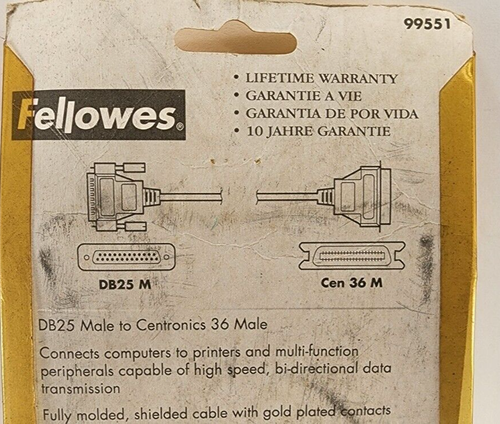 Fellowes Printer Computer Cable IEEE 1284 AB 10' Foot DB25M to Cen 36M NOS - Picture 7 of 9