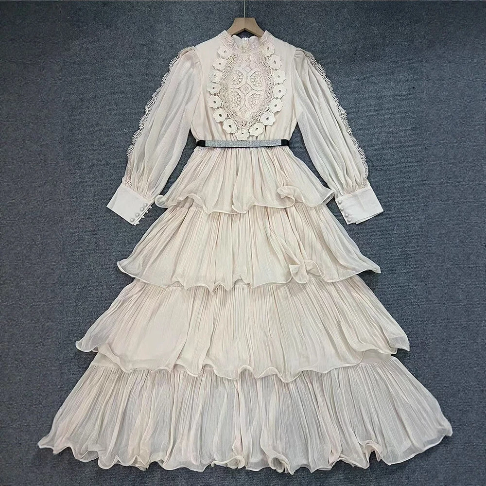 OFF WHITE 2025 set donna spalline maniche lunghe vita alta abito sciolto bordo volant gonna a sbuffo