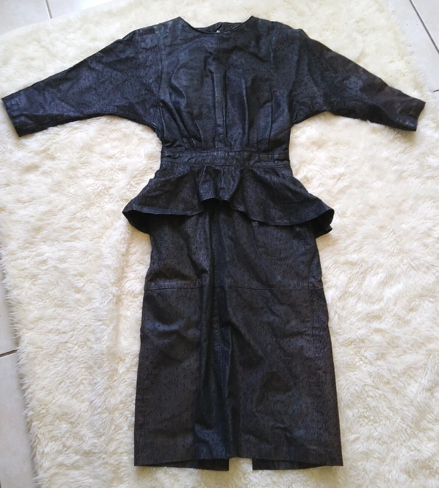 Vestido Vintage Años 80 Talla S Hecho a Mano Cuero Sin Marca Negro, Cóctel Peplum! Foto 2 de 4