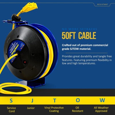Goodyear Extension Cord Reel Retractable 12AWG x 50' Feet 3C SJTOW