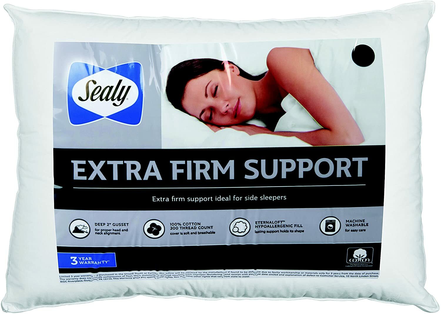 Sealy 100% Cotton Extra Firm Support Pillow, King, White