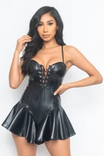 Black Faux Leather Romper Size Small Ruffled Leg Spaghetti Strap 