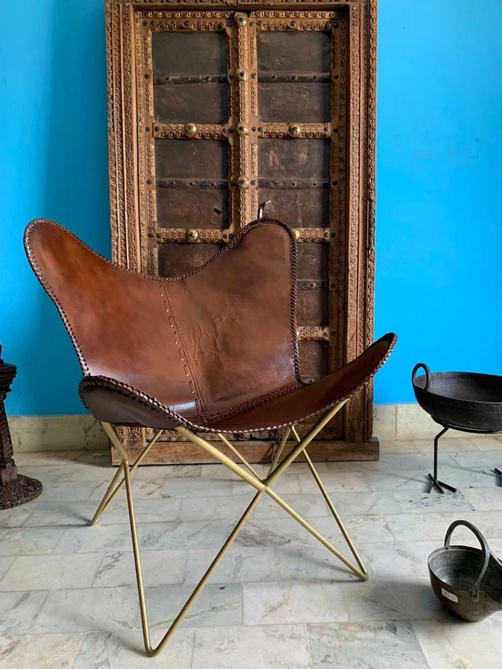 Rústico Retro Metal Industrial Asiento Marrón Vintage Aged Cuero Mariposa Silla - Imagen 4 de 4