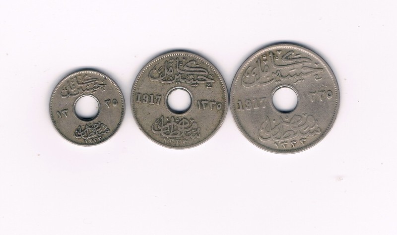1917 Egypt old coins, Sultan  Hussein Kamel 1 Milliem, 5 Milliem & 10 Milliem.