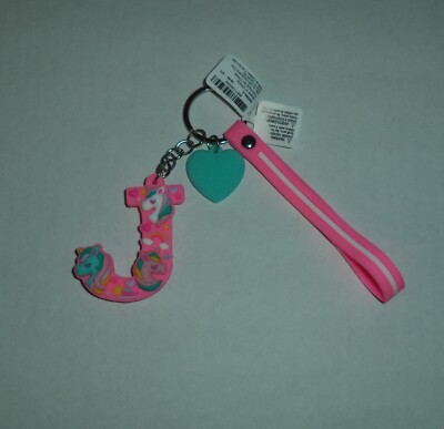 Claire's Letter J Initial Monogram Unicorns Heart Keychain Pink Rubber