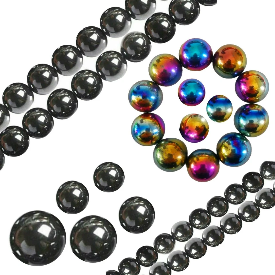 Hematite Perlen 4/6/8 mm Kugel 38cm Strang Schmuckstein Schwarz Rainbow Wählen - Bild 2 von 2