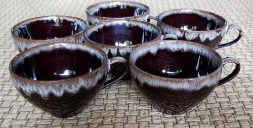 Vintage Hull Pottery Style Brown Drip Glaze 6 Coffee Cups