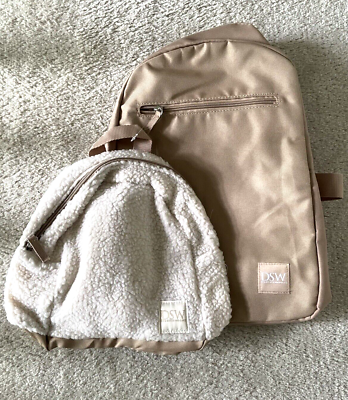 dsw mini backpacks DSW Backpack Duo / Set Medium Taupe + Small Cream Sherpa Brand NEW Mommy &  Me!