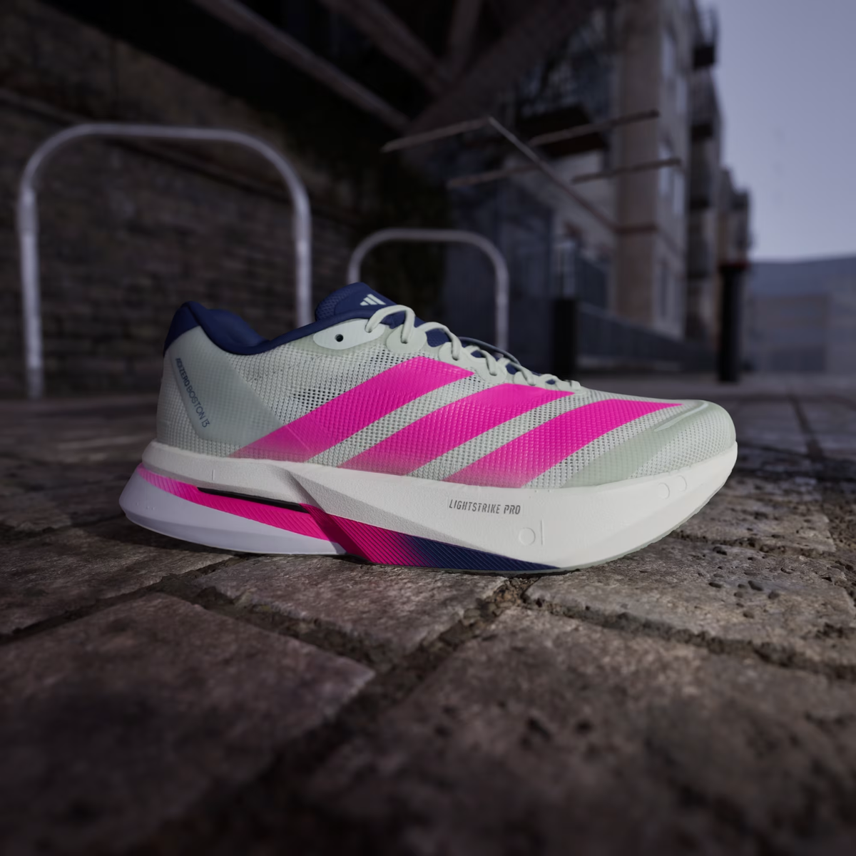 Adizero Boston 13 Men's Shoes in Linen Green/Shock Pink/Dark Blue