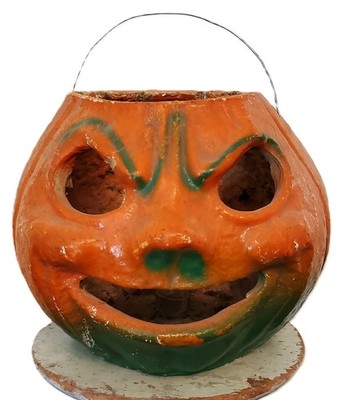 Rare VINTAGE Old PULP PUMPKIN Head JOL Green Accents HALLOWEEN LG #4