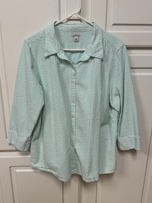 L.L. BEAN (1X) 3/4 Sleeves Seersucker Shirt Green White Stripe