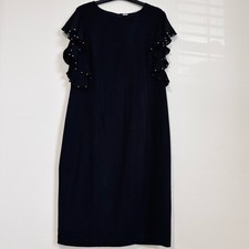 T Tahari office formal ruffle short sleeve Knee Length black sheath dress Sz 14