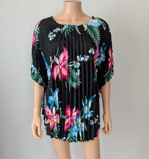 Vtg 70s Royal Creations Hawaiian Accordion Pleated Orchid Print Kaftan Top OS