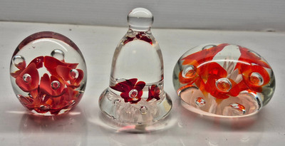 Three Joe Rice St Clair Paperweights Red Orange Floral