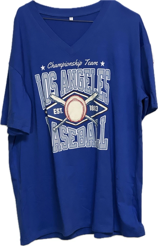 Camiseta de béisbol de Los Ángeles para hombre talla grande cuello en V azul con estampado blanco y rojo Foto 2 de 4
