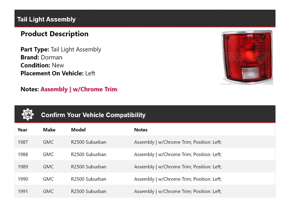 Conjunto de luz trasera izquierda para GMC R2500 1987-1991 Suburban Dorman 1988 1989 1990 Foto 2 de 4