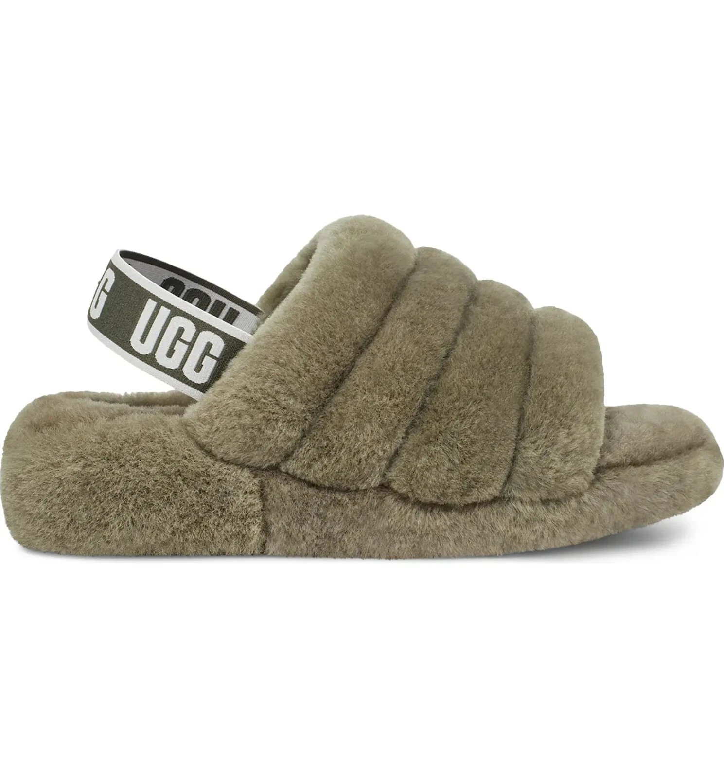 Sandalo UGG Fluff Yeah autentico Shearling Slingback 10 US BRUCIATI OLIVA nuovi diapositive
