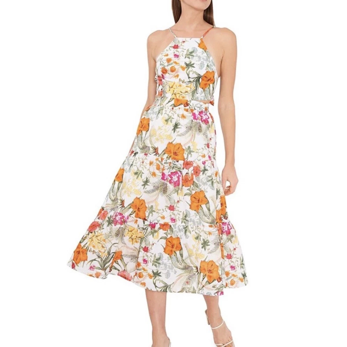 Oasis floral tier top midi dress orange