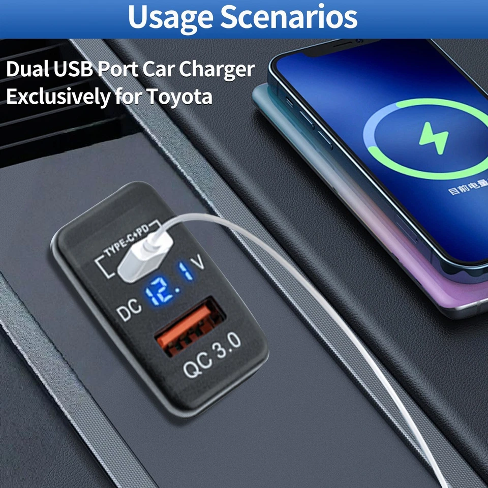 12V QC3.0 Type-C Dual USB Port Power Adapter Toyota USB Fast Car Charger Socket - Image 2 of 4