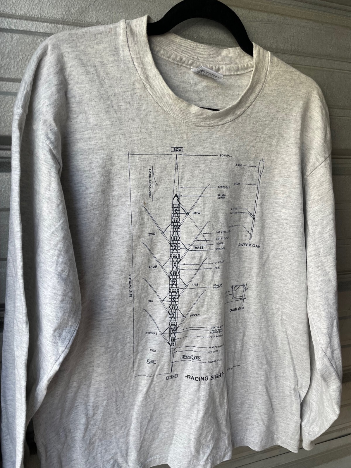 T shirt vintage racing otto canottaggio manica lunga fila diagramma barca blu stampa taglia L