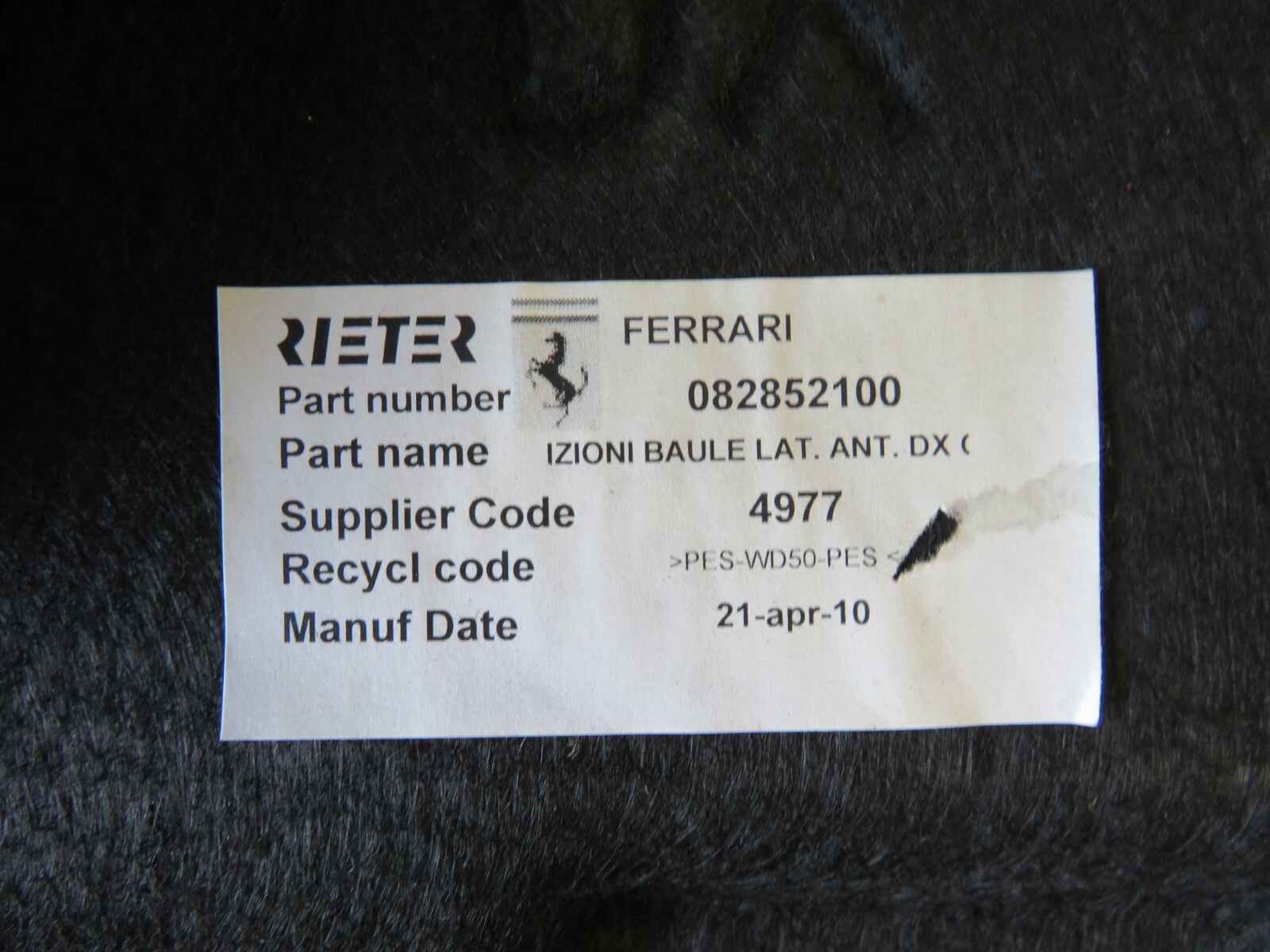 Ferrari California, RH, Forward Trunk Carpet, Smoke Dmg, Used, P/N 82852100