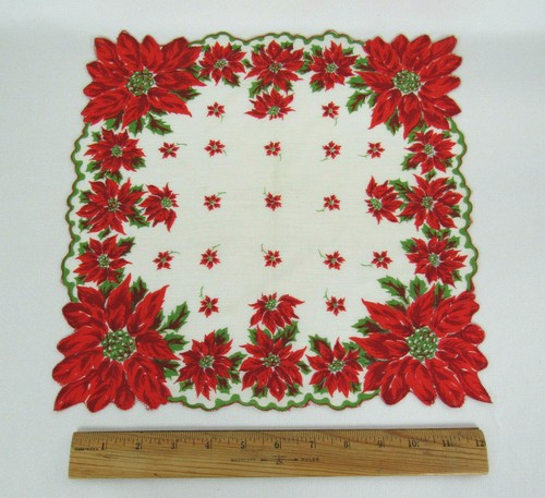 FAZZOLETTO VINTAGE ANNI '50 LINO COTONE POINSETTIA BORDO SMERLATO 13" by 13" - Foto 9 di 10