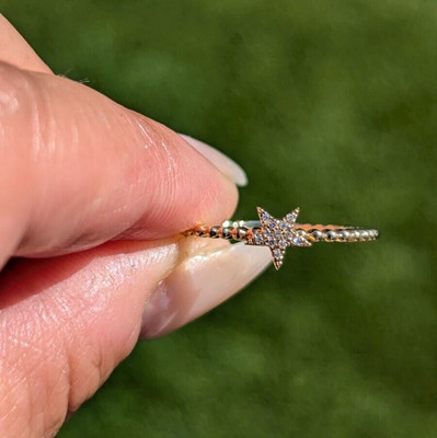 14K Yellow Gold Micro Pave Diamond Star Bead Ring