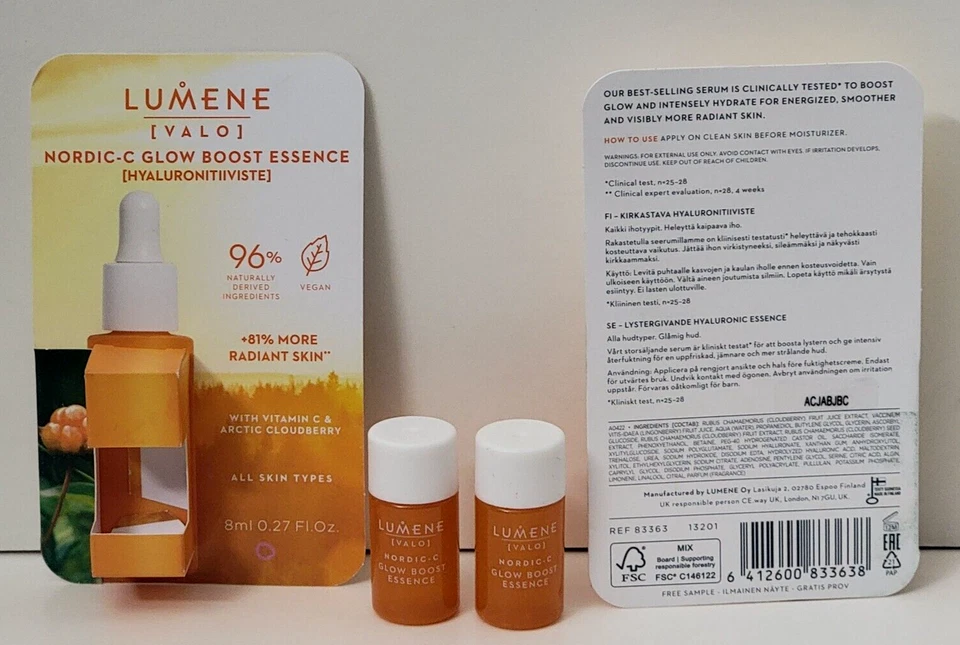 2 paquetes LUMENE VALO NORDIC-C GLOW BOOST ESENCIA SUERO 0,27 fl oz SIN GOTERO Foto 3 de 3