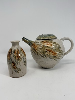 Large Artisan Ceramic Pottery Tea Pot And Tea Rose Vase Gold Fish Motif