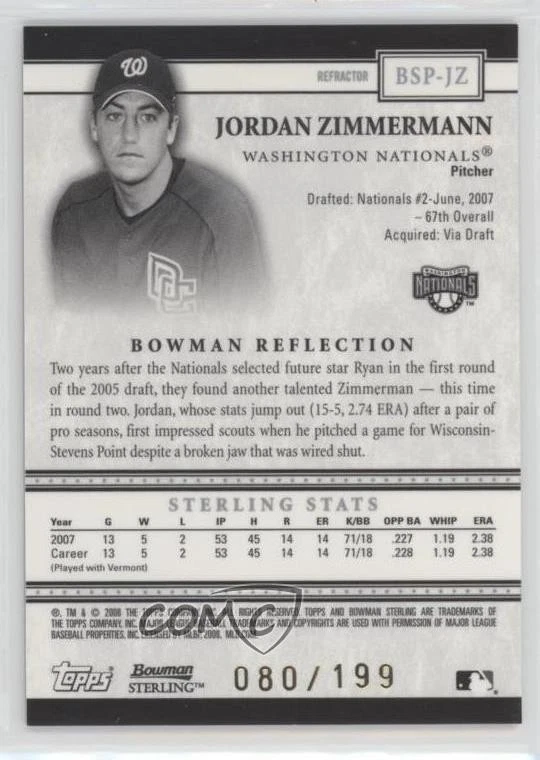 2008 Bowman Sterling Prospects Refractor /199 Jordan Zimmermann #BSP-JZ - Image 2 of 2
