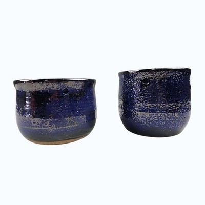 Hanging Ceramic Planters Lot of 2 Incandescent Blue 3.5'' & 3'' Store Display USA