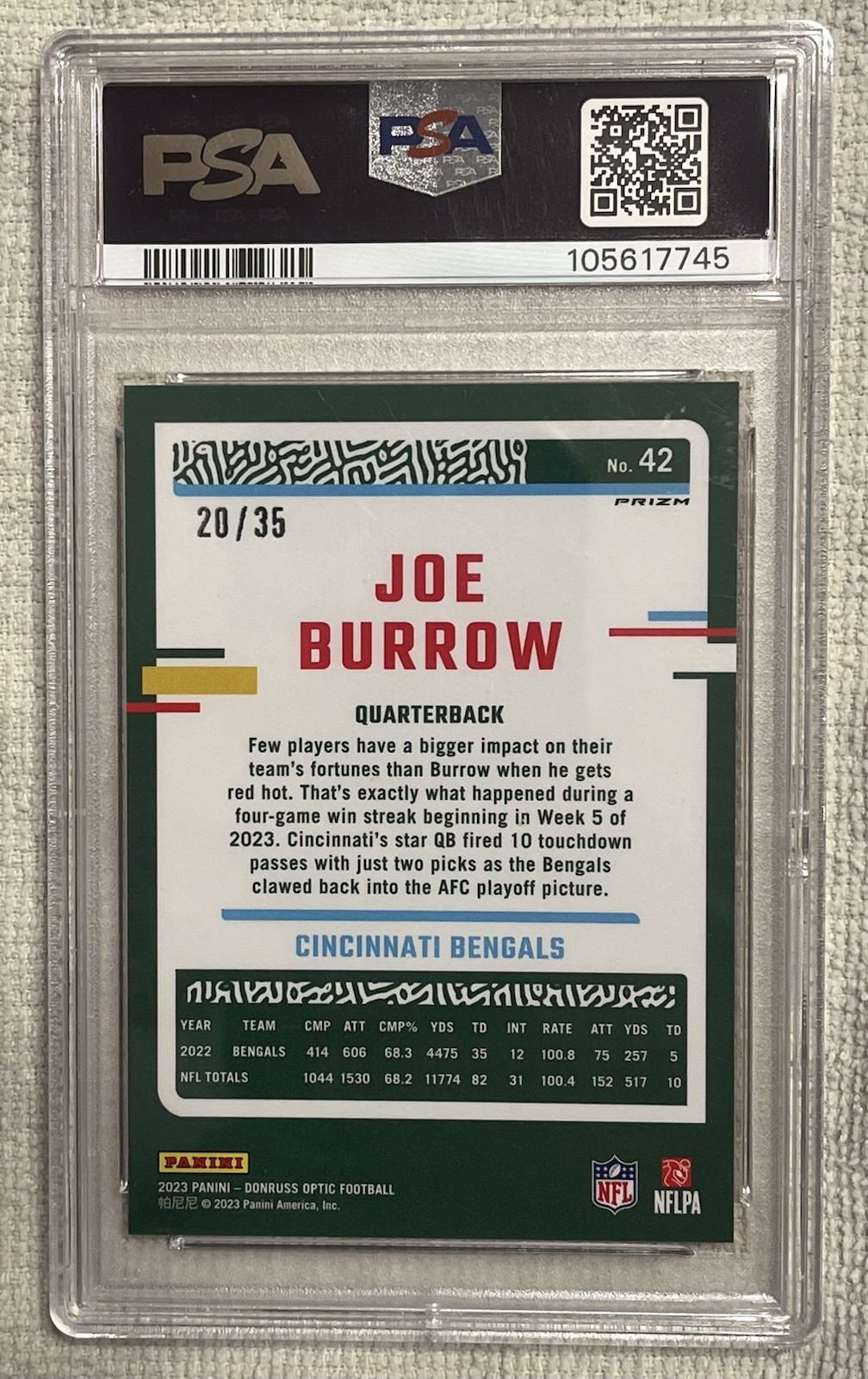 JOE BURROW 2023 Donruss Optic BRONZE MOJO /35 PSA 10 CINCINNATI BENGALS view 2