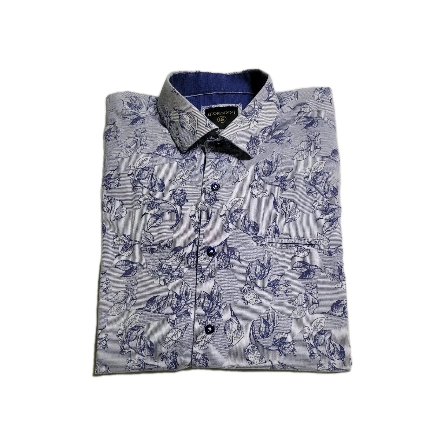 Giorginni Blue & White Flowers/Leaves Short Sleeve Button-Front Shirt Quality