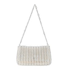 Ivory Pearl Beaded Evening Clutch Bag with Silver Chain Strap