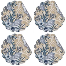 Indigo Sound Shells Coral Quilted Scallop Edge Reversible Placemats Set of 4