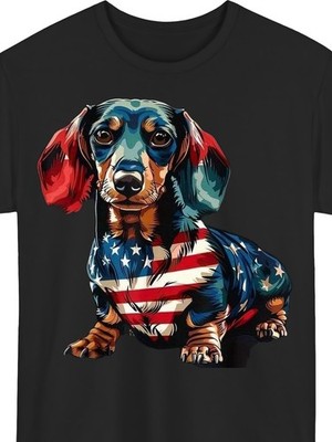 Men's Patriotic Dachshund Dog American Flag T-Shirt - Black Shirt with Red, Wh