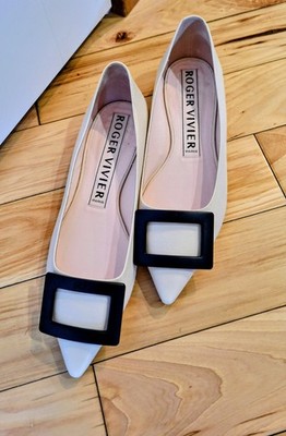 Roger Vivier Off White Pointed-Toe Flats with Black Square Buckle.