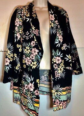 ROZI & ALI WOMENS SIZE 1X OPEN FRONT  TOP BLACK MULTI  FLORAL PRINT