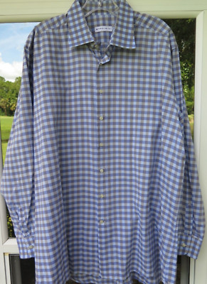 Etro Milano Mens Blue Green Gingham Checks Italian Casual Shirt Euro 46 XXL 2XL
