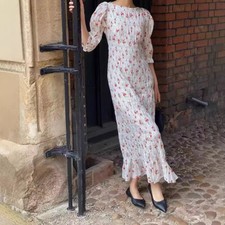 Doen Womens Spring New Floral Bubble Sleeve Slim High Waist Casual Dress