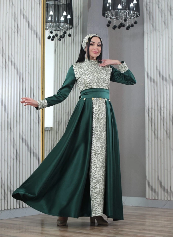 Mujeres Palestino Bordado Largo Hombro Satinado Vestido con Monedas Detalles Cinturón Foto 3 de 4