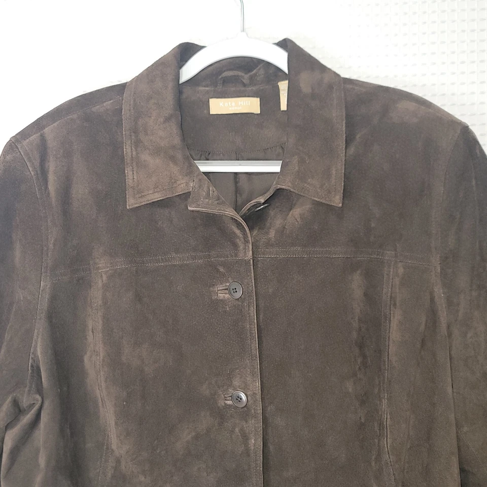 Abrigo forrado de gamuza de cuero genuino marrón Kate Hill para mujer talla 20W Foto 2 de 4